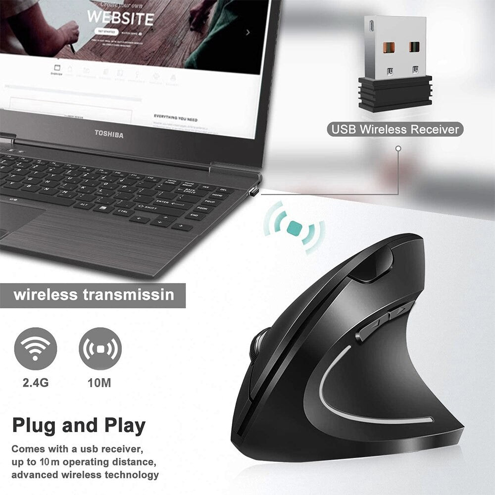 Mouse Vertical Ergonômico Sem Fio 2.4GHz Óptico 3 DPI Ajustáveis 800/1200/1600 6 Botões para Notebook PC Computador de Mesa