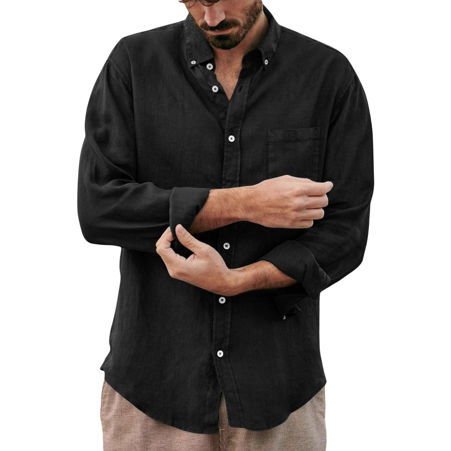 Men's Lapel Collar Shirt, Solid Color Long Sleeve Button-Down Loose Simple Blouse with Chest Pocket