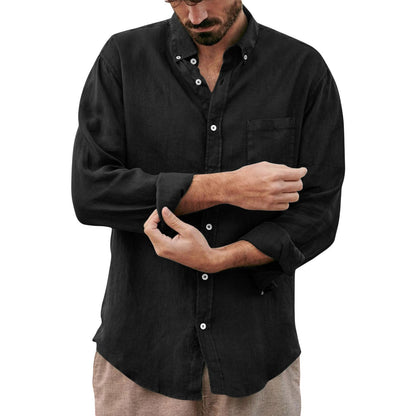Men's Lapel Collar Shirt, Solid Color Long Sleeve Button-Down Loose Simple Blouse with Chest Pocket