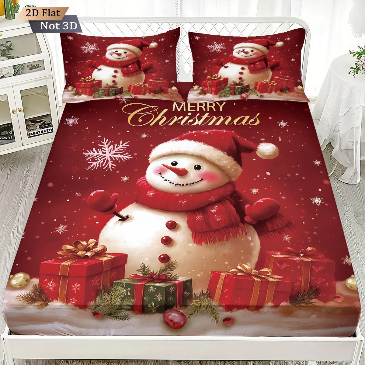 Jogo de Cama Estampado Boneco de Neve de Natal Vermelho de 3 Peças sem Chip, Vários Tamanhos, Capa de Cama Macia, Decoração para Quarto, Lavável à Máquina