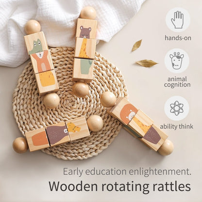 Baby Wooden Montessori Toys Cartoon Animal Rabbit Crocodile Blocks Rattle Puzzle Game Wooden Ring Newborn Rattle Teethering Toys