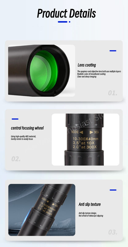 Telescópio monocular profissional com função de zoom 10-300X de alta definição e poderoso controle remoto binocular com prisma BAK4