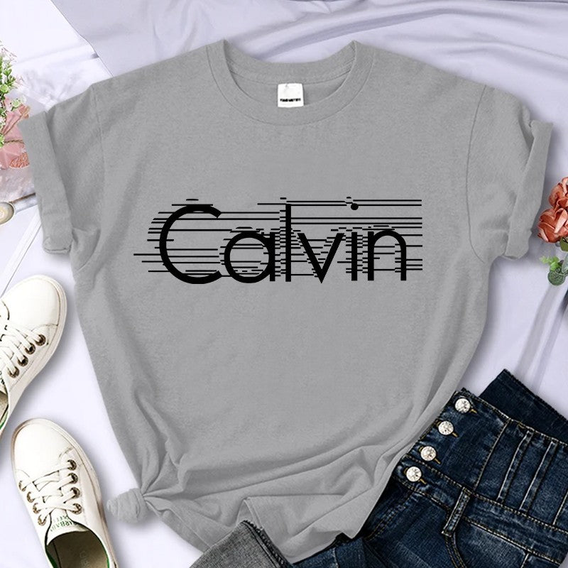 Women's summer 100% pure cotton fashionable casual loose Calvin letter pattern printed round neck short sleeved T-shirt top