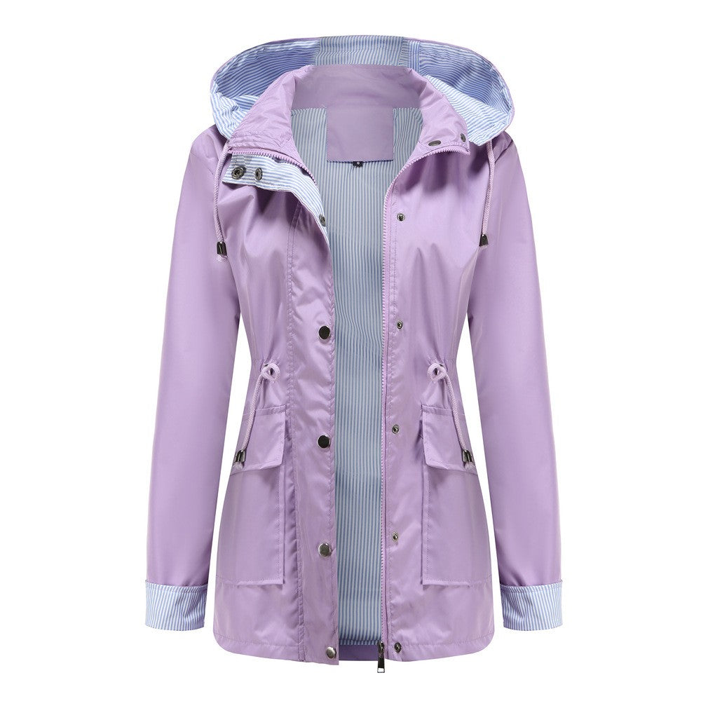 Purple Hooded Jacket for Spring 2025 Women's Office Fashion Women Outerwear Hat with Removable Waist Drawstring Water Proof
