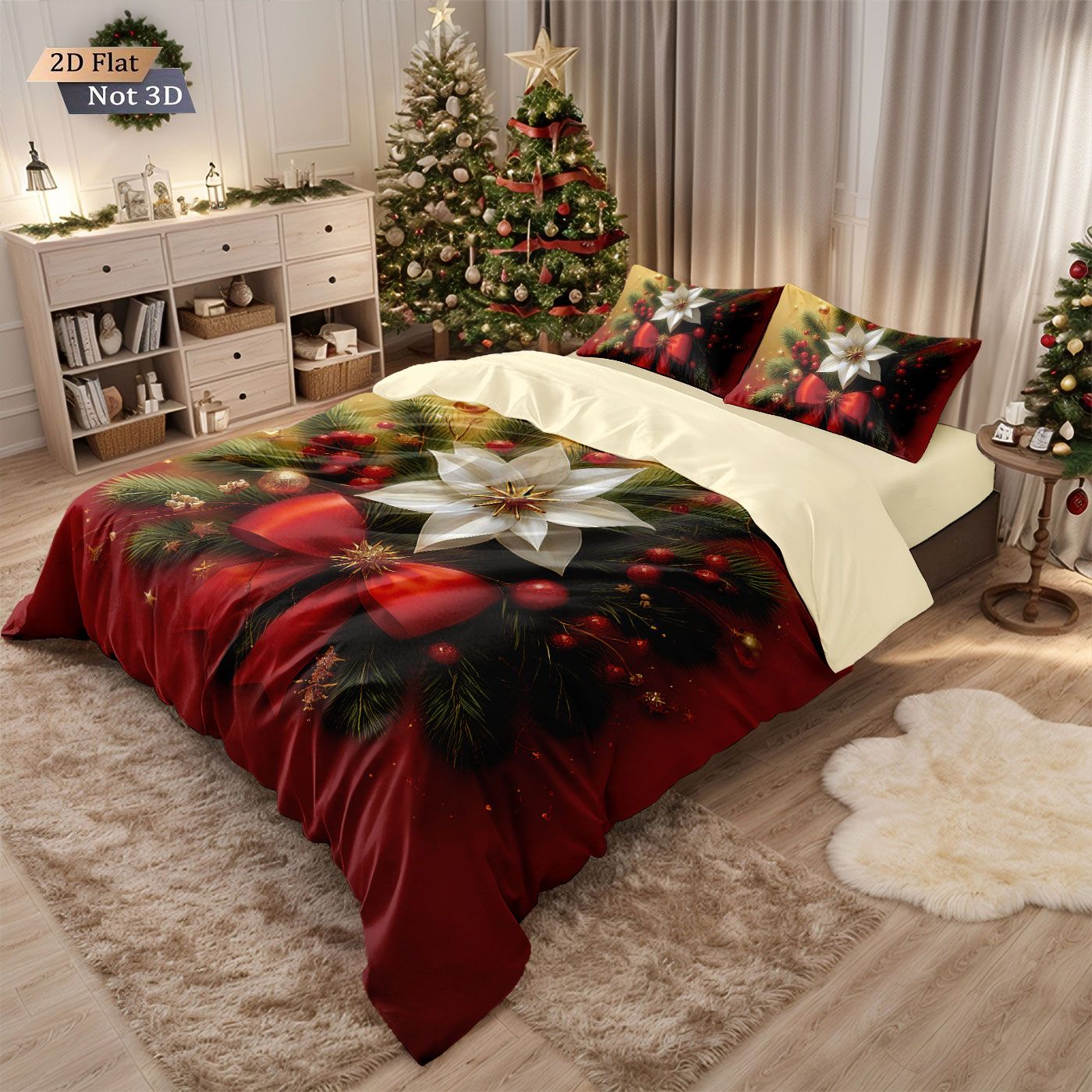 3pcs Christmas red floral print coreless duvet cover set multi size bedroom bedding holiday decoration soft  machine washable