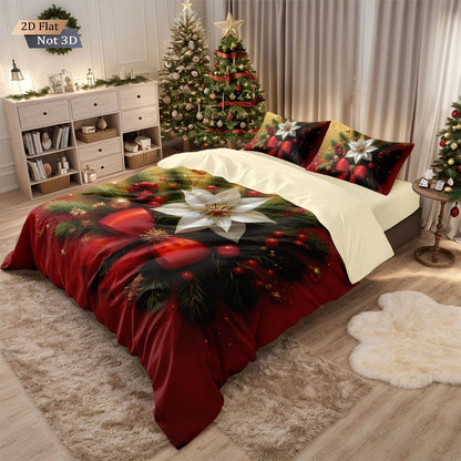 3pcs Christmas red floral print coreless duvet cover set multi size bedroom bedding holiday decoration soft  machine washable