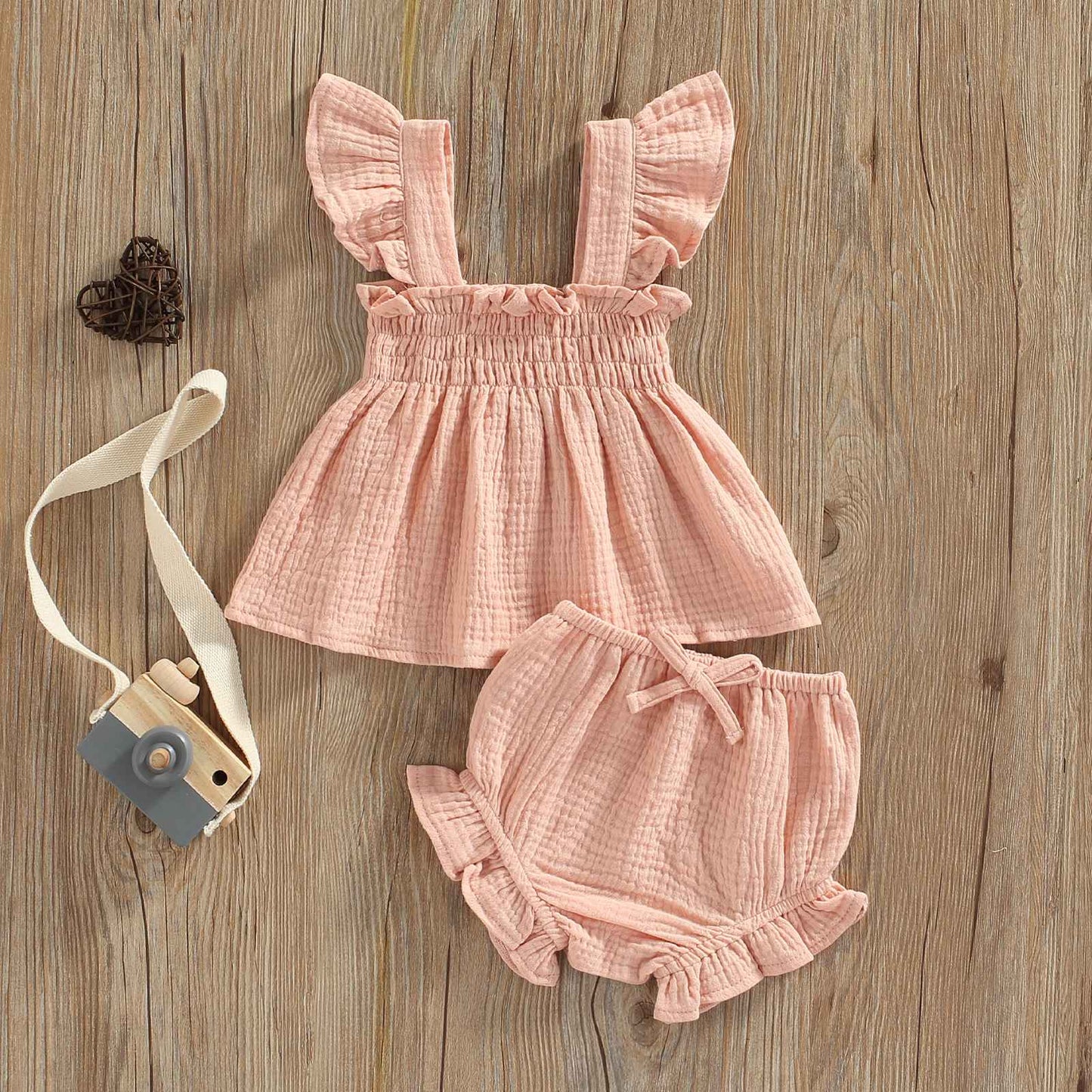 Summer 2023 Baby Girls Suit Set Solid Cotton Linen Casual Square Neck Fly Sleeve Tops+Ruffle Shorts Clothes for Toddler Infant