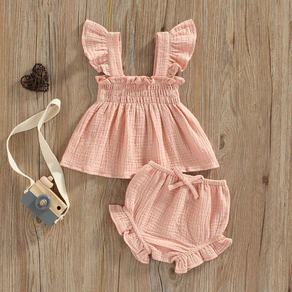 Summer 2023 Baby Girls Suit Set Solid Cotton Linen Casual Square Neck Fly Sleeve Tops+Ruffle Shorts Clothes for Toddler Infant