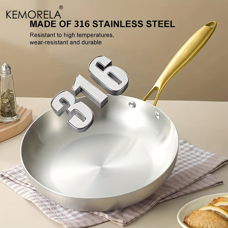 KEMORELA 3PCS 316 Stainless Steel Gold Handle Non-Stick Frying Pan Set 2MM Thick 5-Ply Wok Pan Food Grade Safety Multiple Sizes