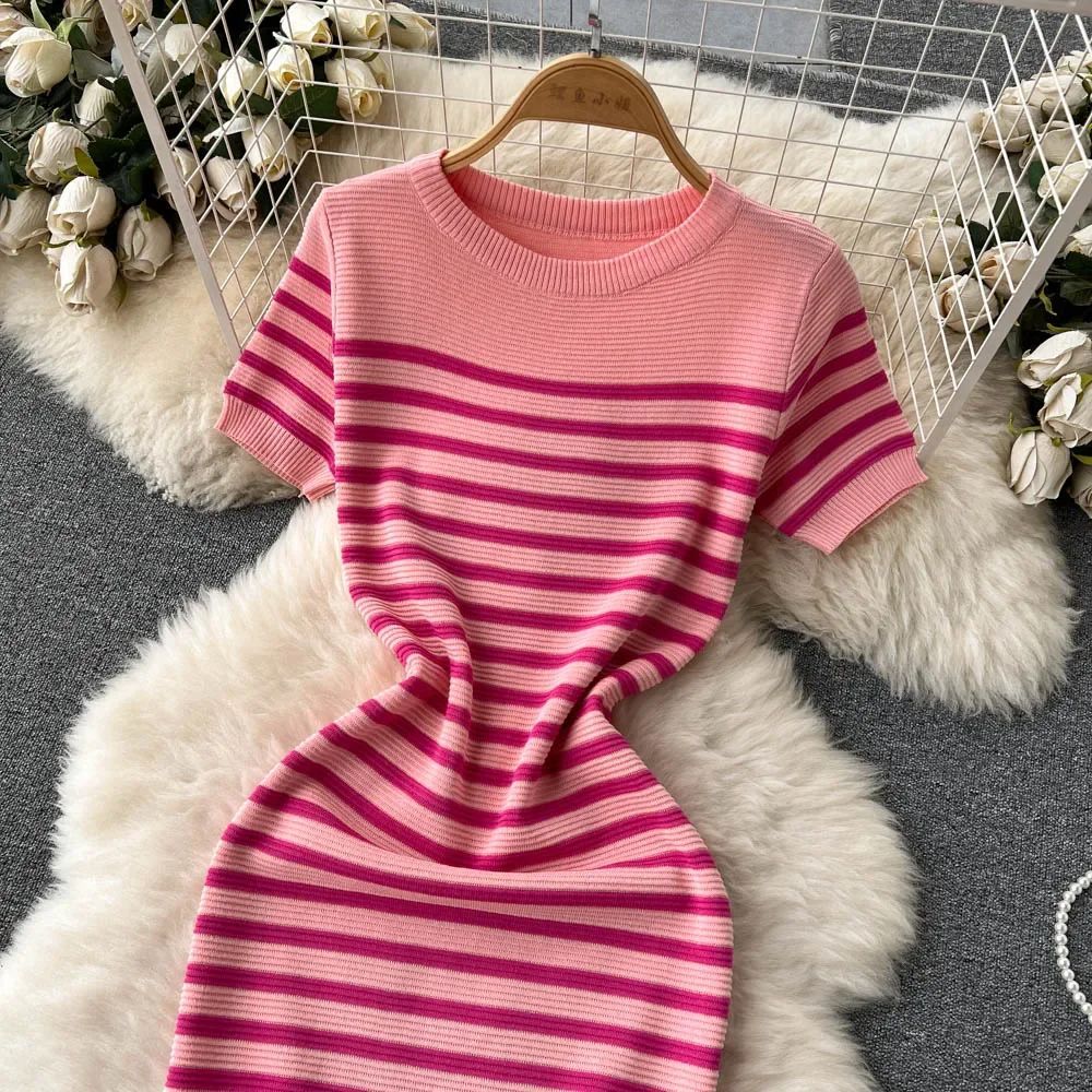 Summer Striped Beach Knitted Dress O Neck Short Sleeves Chic Hotsweet Slim Sundr