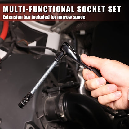 Kit Chaves Soquete Catraca 1/4" Com 53 Peças, Soquetes Bits, Medidas Métricas e Barra de Extensão Para Reparos Automotivos