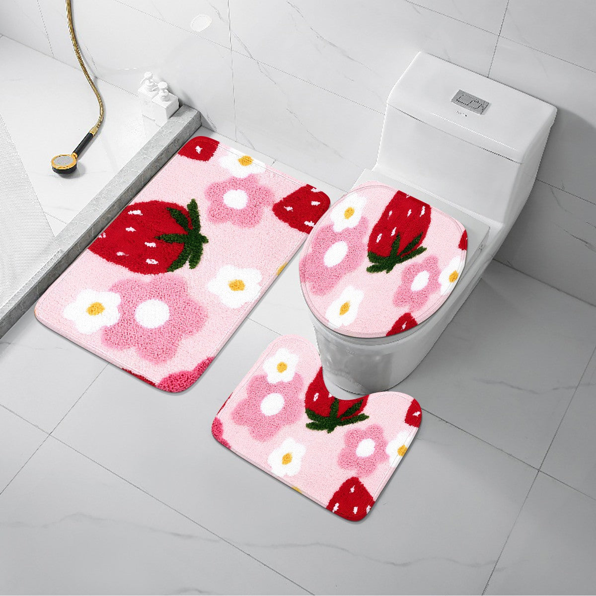 A comfortable three piece set with strawberry pattern can be purchased individually or set together for bathroom carpets