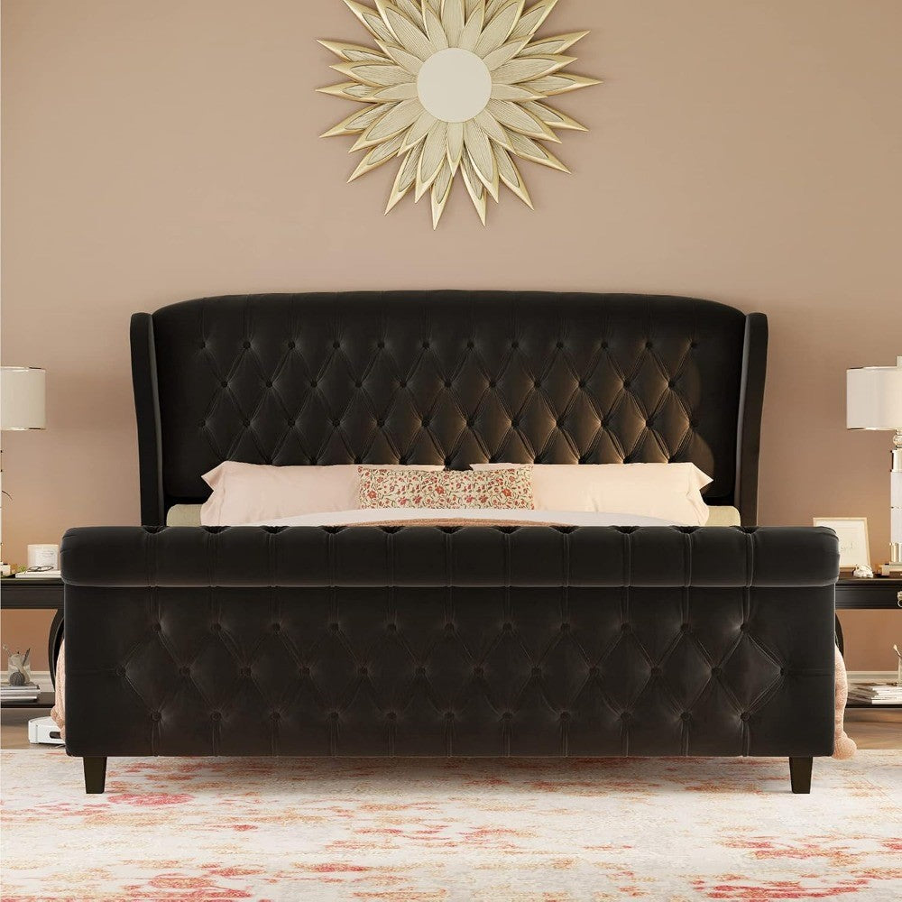 California King Velvet Sleigh Bed Frame with Curved Headboard, Footboard, and Deep Button Tufting