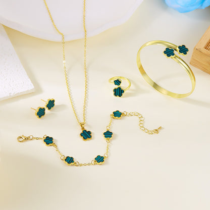 Conjunto 5 peças Pulseiras Femininas Coloridas de Esmalte com Flor de Ameixa Colar Brincos Flor de Cinco Folhas da Sorte Joias Elegantes para Festas Presentes