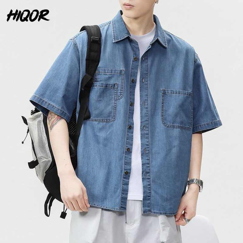 2025 Summer New Men's Casual Loose Shirt Polo Neck Short Sleeve Single Breasted Shirts Men's Vintage Solid Cargo Jeans  Tops