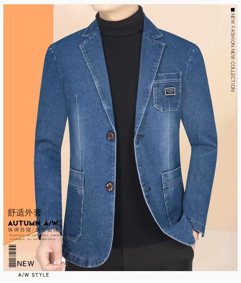 New 2025 Men's Spring Autumn Denim Suit Jacket Suit Collar Jeans Jacket High-end Coat Trend Single West Men Casual  Men Clothing