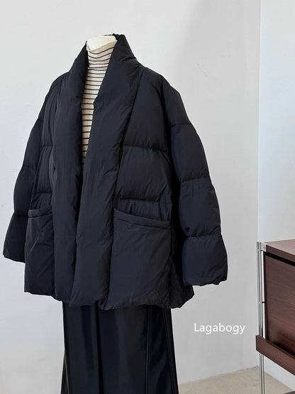 Lagabogy 2025 Winter Belt Waist-Tight Elegant Warm 90% White Duck Down Jacket Female Long Sleeve Solid Color V-neck Puffer Coat