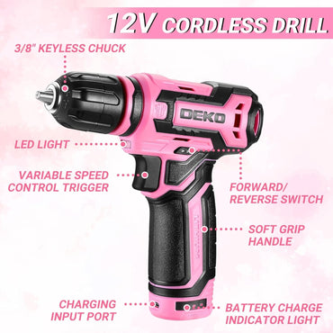 DEKO Home Mechanic Toolbox with 12V Power Cordless Drill Hand Repair Tools Sets Combo Kits Storage Organizer Drawer Case