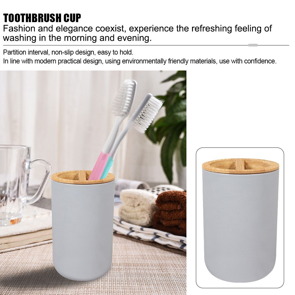 6 peças/conjunto caixa dispensadora de sabonete escova sanitária garrafa de loção lata de lixo bambu plástico conjunto de armazenamento de banheiro suporte para escova de dentes e copo