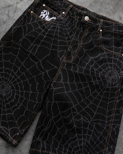 2025 New Street Hip-hop Retro Spider Web Fashion Loose Denim Shorts Men American Harajuku Y2K Casual Punk Straight Pants Women