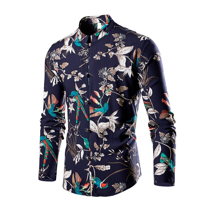 Chinese Style Men's Stand-up Collar Long-sleeved Shirt, Single-breasted Printed Shirts, Fashion Casual Camisas, Red Green Blue