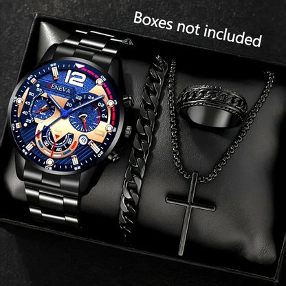 4pcs Luxury Men Business Quartz Watch Gold Alloy Roman with Calendar Wrist Watch Cross Necklace Bracelet Ring Set Men's Gift