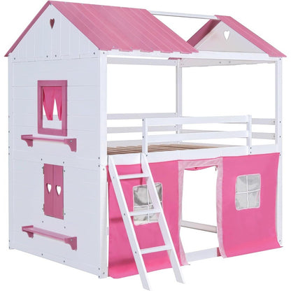 Beliche de Casal com Tenda, Beliche Infantil com Escadas, Guarda-corpo, Janelas e Telhado, Beliche de Madeira de Casal Ov