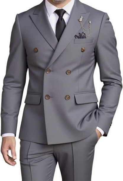 Men's Double-Breasted Suit Set,Business Formal Suit with Pants, Classic 6-Button Design