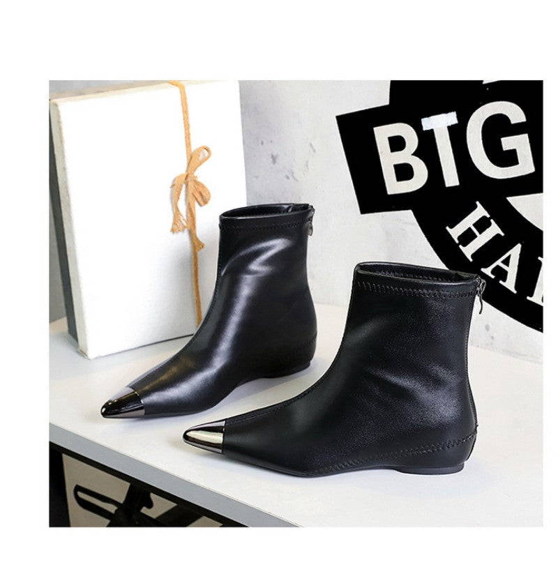 Retro European American Style Versatile Low Heel Heel Heightened Metal Pointed Iron Head Short Tube Women's Boots Short Boots