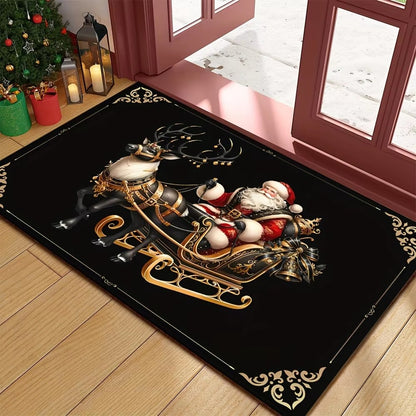VIKAMA Christmas Welcome Doormat Lightweight, Machine-Washable Black & Gold Reindeer Print Rug Holiday Home Decor