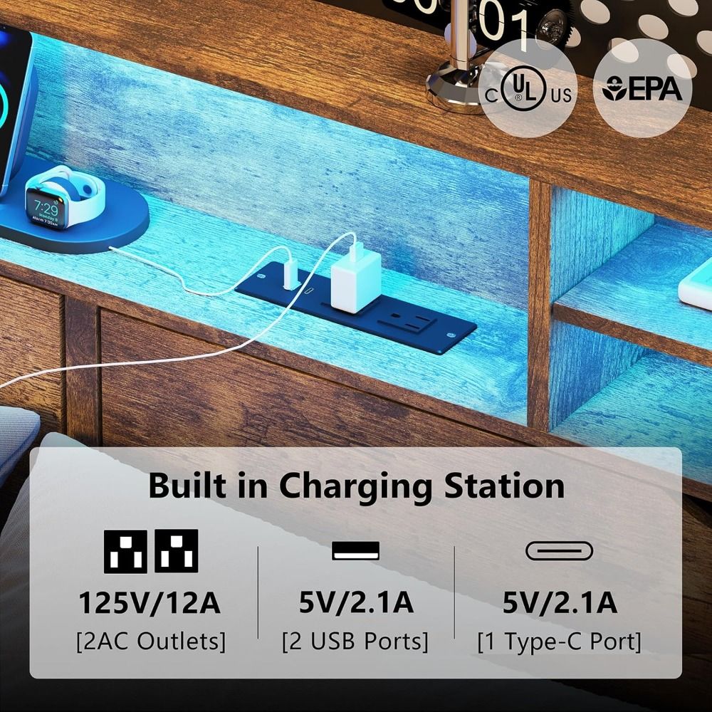 King Size Bed Frame with Storage Drawers and Bookcase Headboard, Wooden Platform King Bed with LED Lights and Charging Station,