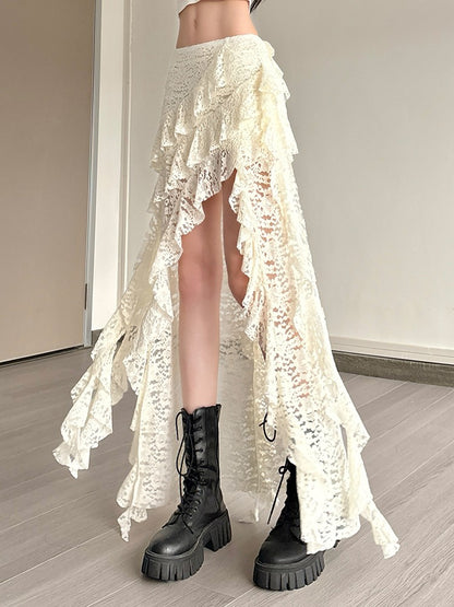 Nibber Tassels Women Skirts Irregular Hem Multi-Layered Ruffles Lace Patchwork S