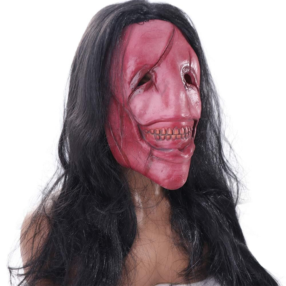 Scary Long Hair Red Face Devil Mask Exposed Teeth Latex Headgear Wig Horror Face Masks Creativity Spooky Scary Demon Mask