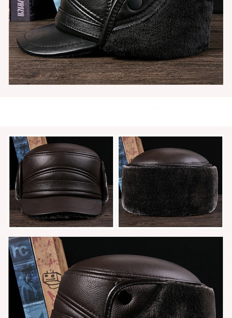 Men's Genuine Leather Duckbill Hat Winter Thickened Warm Outdoor Earflap Cotton Cap Elderly Real Leather Hat Cowhide Warm