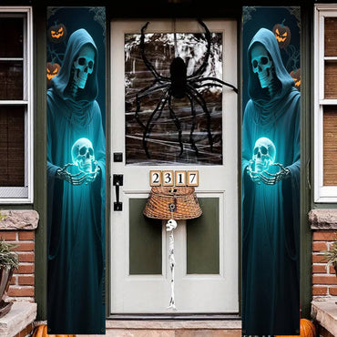 Party Banner,, Halloween Party Decorative Couplets, 2D Hanging Banners with Skeleton Design in Black Robes and Hooded Figures