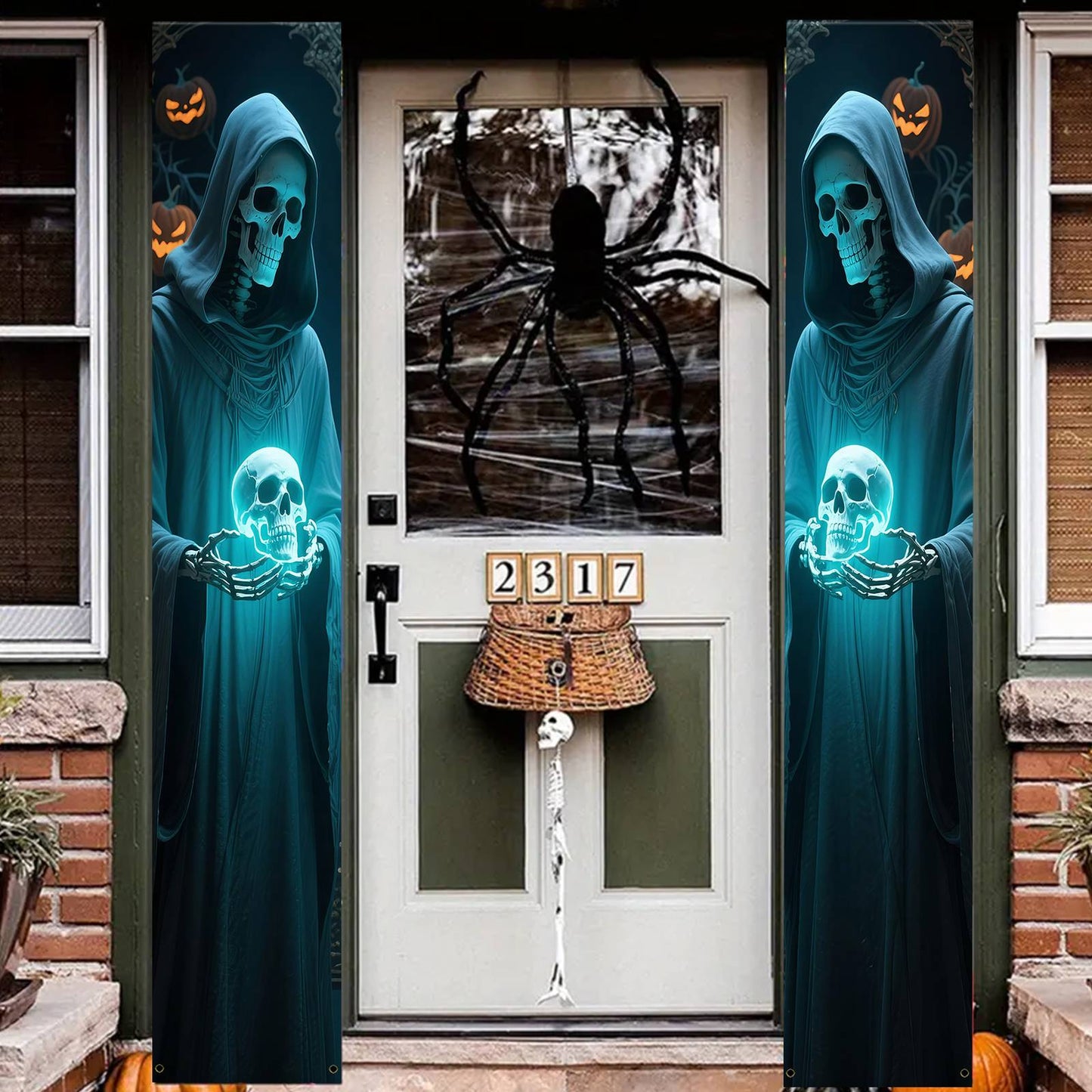 Party Banner,, Halloween Party Decorative Couplets, 2D Hanging Banners with Skeleton Design in Black Robes and Hooded Figures