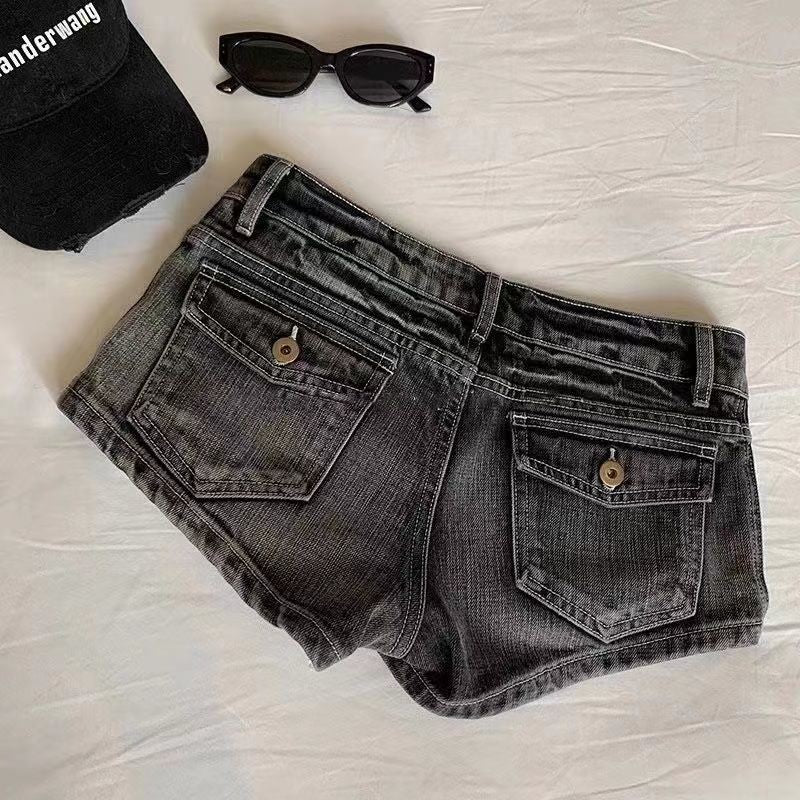Vintage Denim Shorts Women Summer Black Grey Washed Low Waist Elastic Skinny Hot Shorts Jeans
