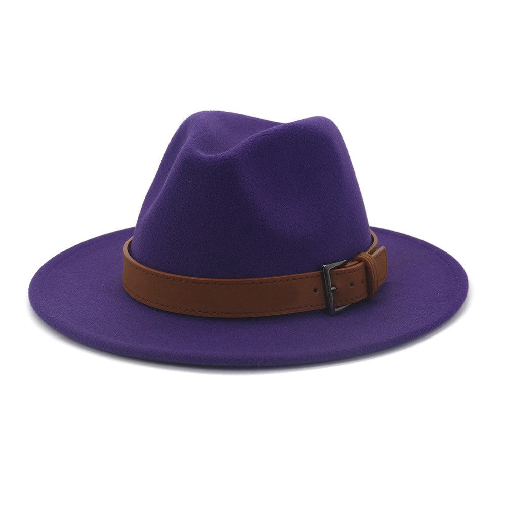 HOAREE Purple Wool Felt Jazz Fedora Hats Men Women Wide Brim Sombrero British Style Trilby Formal Panama Cap Solid Dress Hat