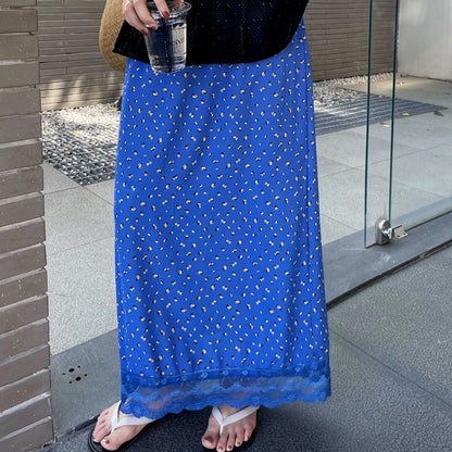 Ezgaga Skirts Women Elegant Floral Printed Lace Patchwork 2025 Summer Fashion Vintage Sweet Ladies Long Skirt Casual Chic