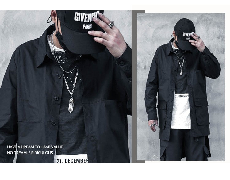 2023 Back Print Punk Hip Hop Techwear Long Sleeve Shirts For Men Harajuku Street Casual Cargo Shirt Long Jacket