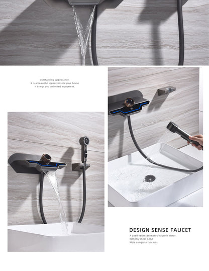 Luxury black brass wall mounted thermostatic bathroom faucet with LED digital display design, embedded hot and cold bathtub Tap