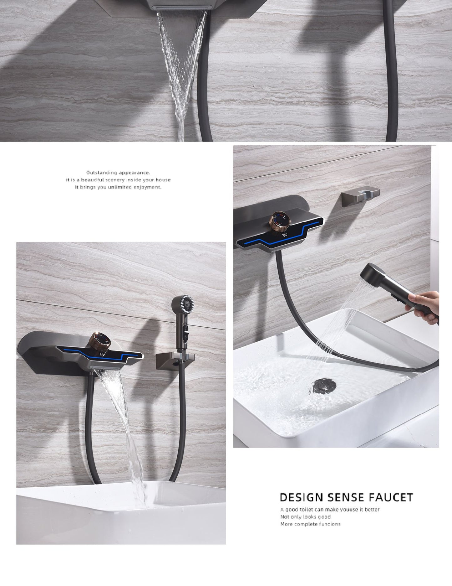 Luxury black brass wall mounted thermostatic bathroom faucet with LED digital display design, embedded hot and cold bathtub Tap