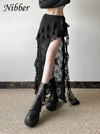 Nibber Tassels Women Skirts Irregular Hem Multi-Layered Ruffles Lace Patchwork S