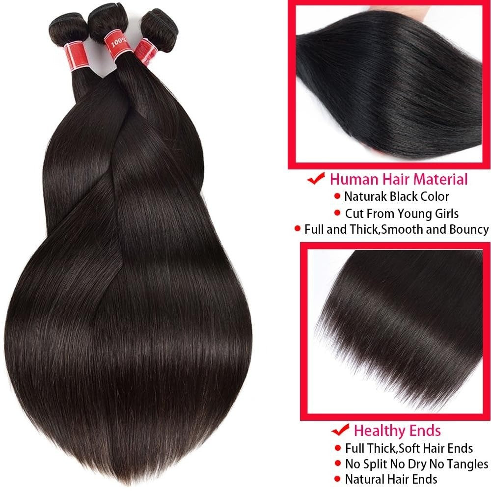 Cabelo Humano Liso de 12-32 Polegadas, 100% Não Processado, Tecer Brasileiro, 3 Pacotes, Extensões de Cabelo Preto Sedoso, Cabelo Cru, Rápido de Tecer