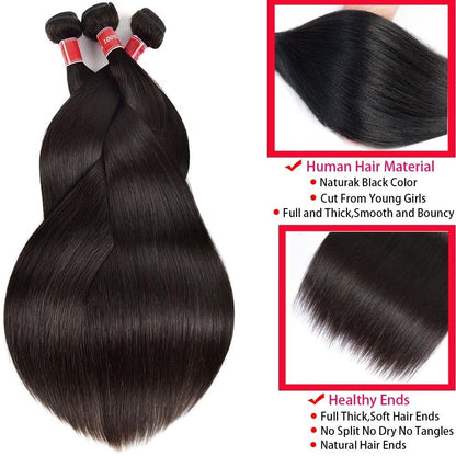 Cabelo Humano Liso de 12-32 Polegadas, 100% Não Processado, Tecer Brasileiro, 3 Pacotes, Extensões de Cabelo Preto Sedoso, Cabelo Cru, Rápido de Tecer