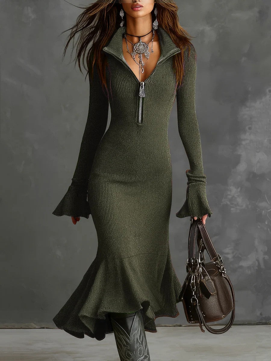 2025 European American Dresses Women Solid Autumn Winter Zipper Lapel Flared Sleeve Knitted Fishtail Dress Slim Fit Vestidos