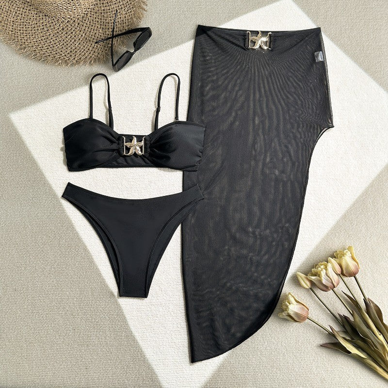 Womens 3 Piece Bikini Sets Sexy Bandeau Swimsuits for Women Lace Up Mid Rise Ruched Strapless Bathing Suits