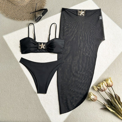 Womens 3 Piece Bikini Sets Sexy Bandeau Swimsuits for Women Lace Up Mid Rise Ruched Strapless Bathing Suits