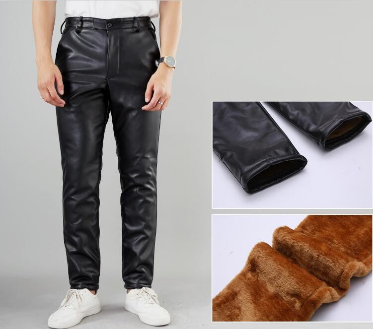 Men's High Waist Stretch Leather Pants, Windproof Straight Biker PU Pants, Warm Winter Trousers, New Fashion, 29-42