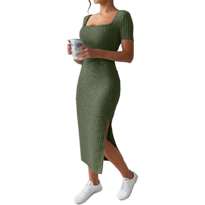 Summer Square Neck, Hip-Hugging Mid-Length Skirt, Short-Sleeved, Versatile Knitt